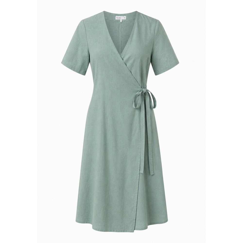 NWT Grae Cove 100% Linen Wrap Dress L Sage Green Short Sleeve Tie Waist Midi